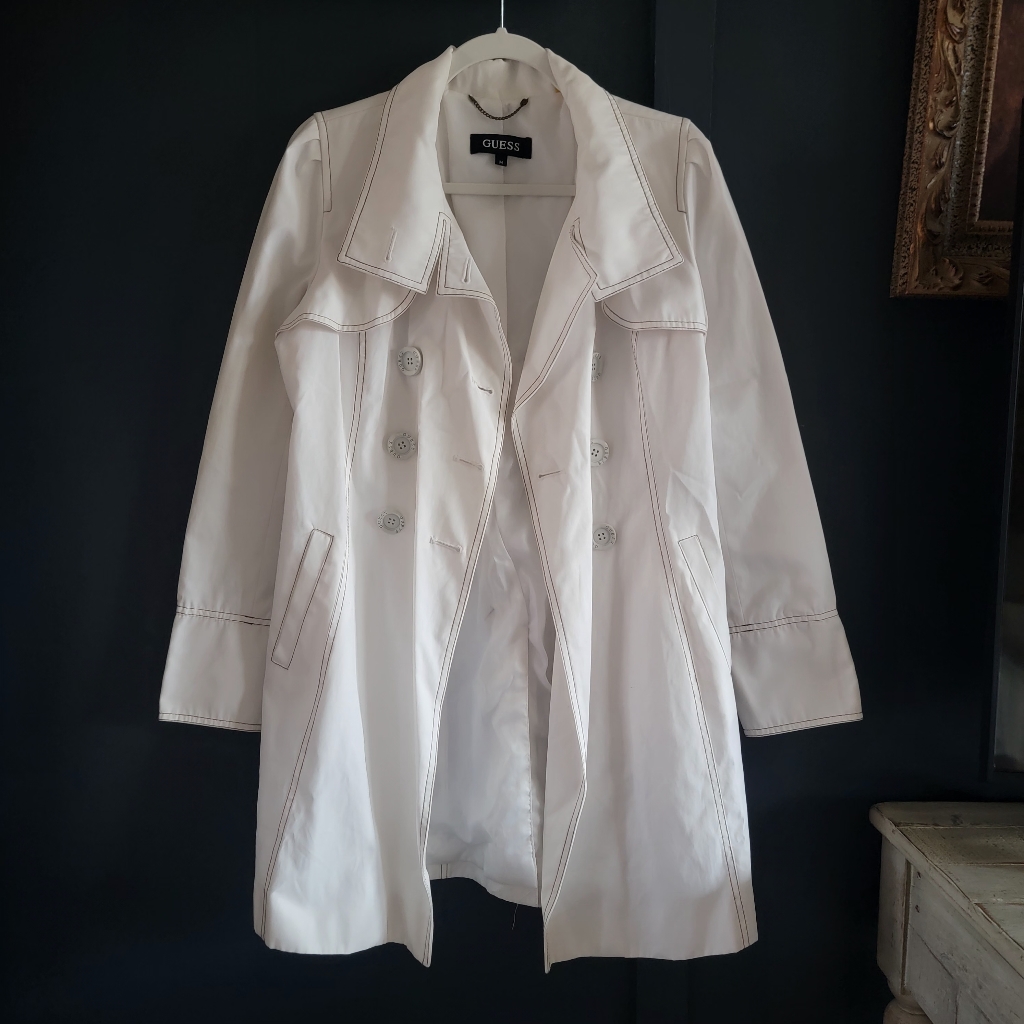 Euc Guess Double Breasted Light Trench Coat Jacket Off-White Ivory Medium